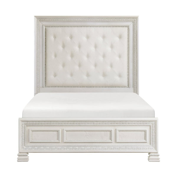 English Elm California King 5 Piece Bedroom Set Pearl White Ash Veneer with Tufted Mansion Headboard B011S07451