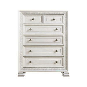 English Elm California King 5 Piece Bedroom Set Pearl White Ash Veneer with Tufted Mansion Headboard B011S07451