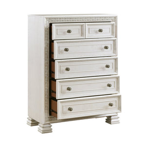 English Elm California King 5 Piece Bedroom Set Pearl White Ash Veneer with Tufted Mansion Headboard B011S07451