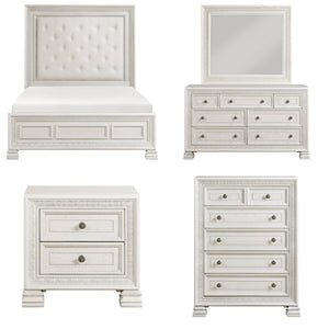 English Elm Queen Bedroom Set Five Piece Pearl White Classical Carved Wood Mansion Suite B011S07453