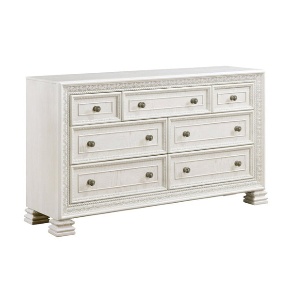 English Elm Queen Bedroom Set Five Piece Pearl White Classical Carved Wood Mansion Suite B011S07453