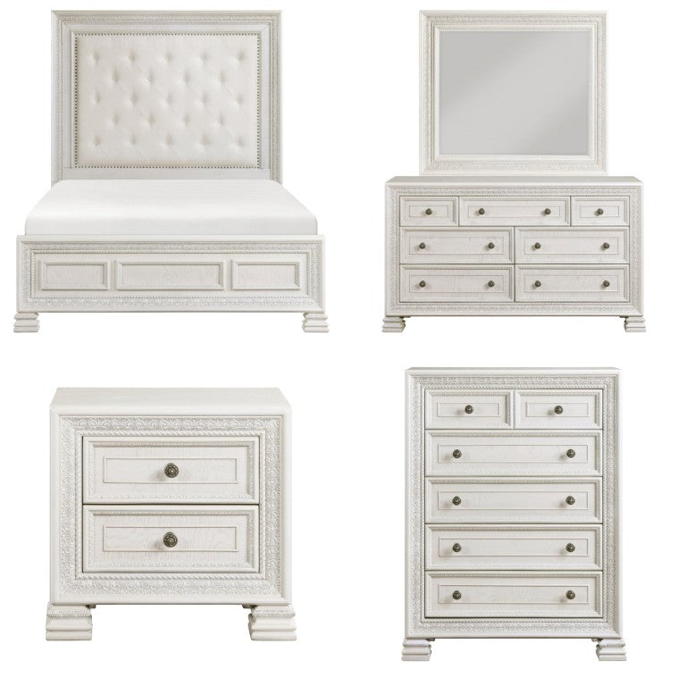 English Elm Queen Bedroom Set Six Piece Pearl White Classical Carved Wood Mansion Collection B011S07454