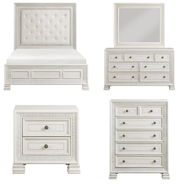 English Elm Queen Bedroom Set Six Piece Pearl White Classical Carved Wood Mansion Collection B011S07454