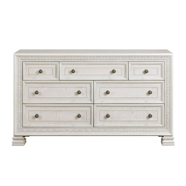 English Elm Queen Bedroom Set Six Piece Pearl White Classical Carved Wood Mansion Collection B011S07454