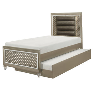 English Elm Twin Glam Bedroom Set with LED Headboard Mirrored Trim Trundle and Nightstand B011S07488