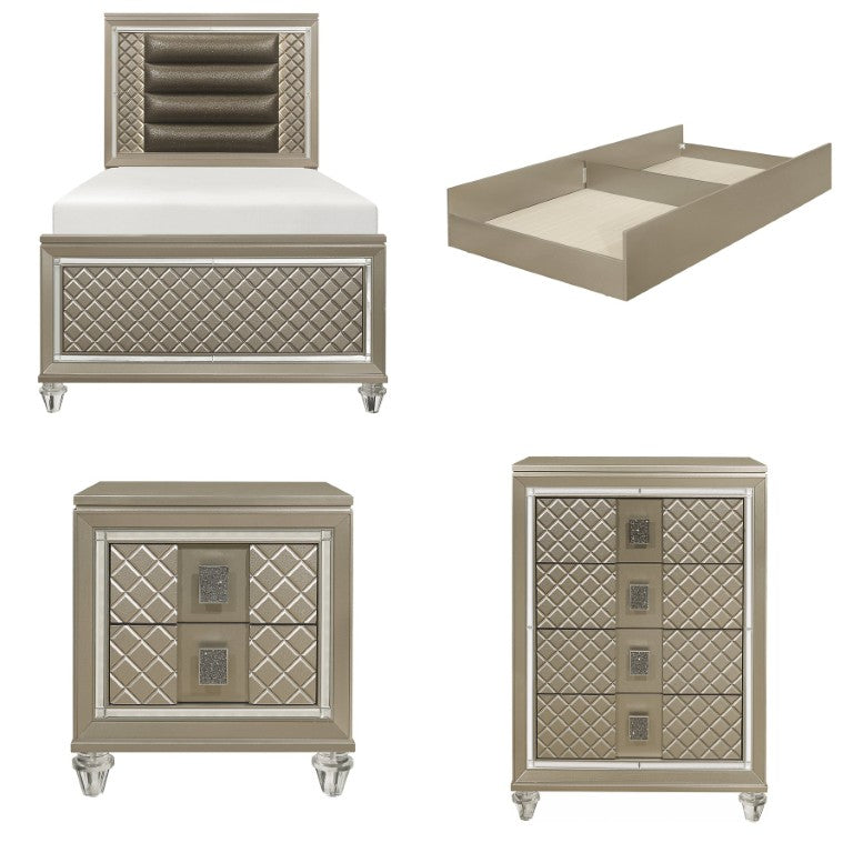 English Elm Twin Glam Bedroom Set with LED Headboard Diamond Panels Trundle and Metallic Finish B011S07490