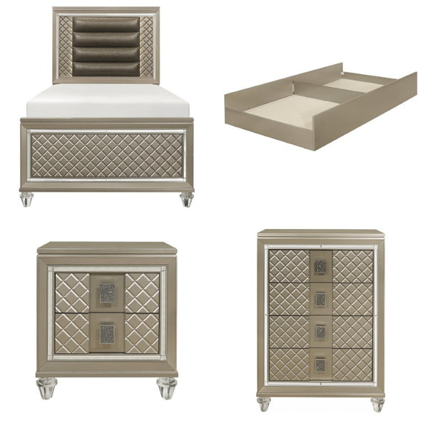 English Elm Twin Glam Bedroom Set with LED Headboard Diamond Panels Trundle and Metallic Finish B011S07490
