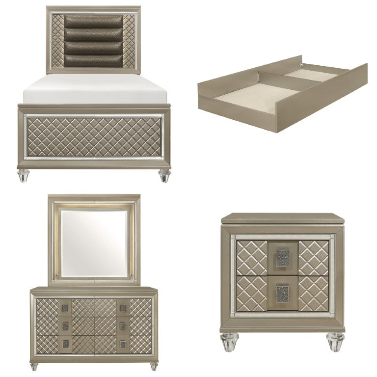English Elm Twin Platform Bedroom Set with LED Accents Glam Diamond Panels Trundle Included B011S07492