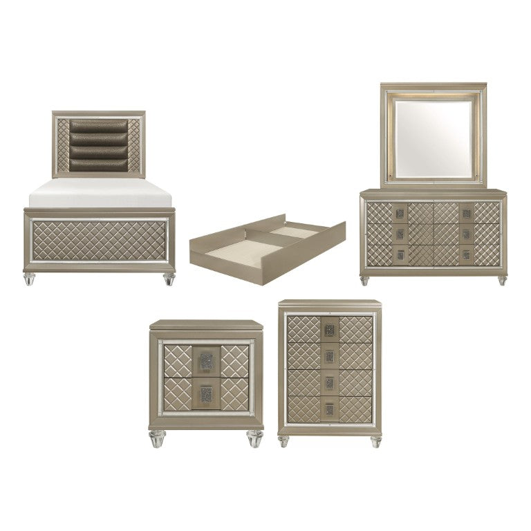English Elm Twin Glam Bedroom Set with LED Headboard Champagne Metallic Finish 6 Piece Suite B011S07496
