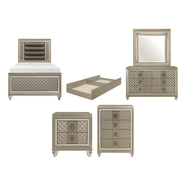 English Elm Twin Glam Bedroom Set with LED Headboard Champagne Metallic Finish 6 Piece Suite B011S07496