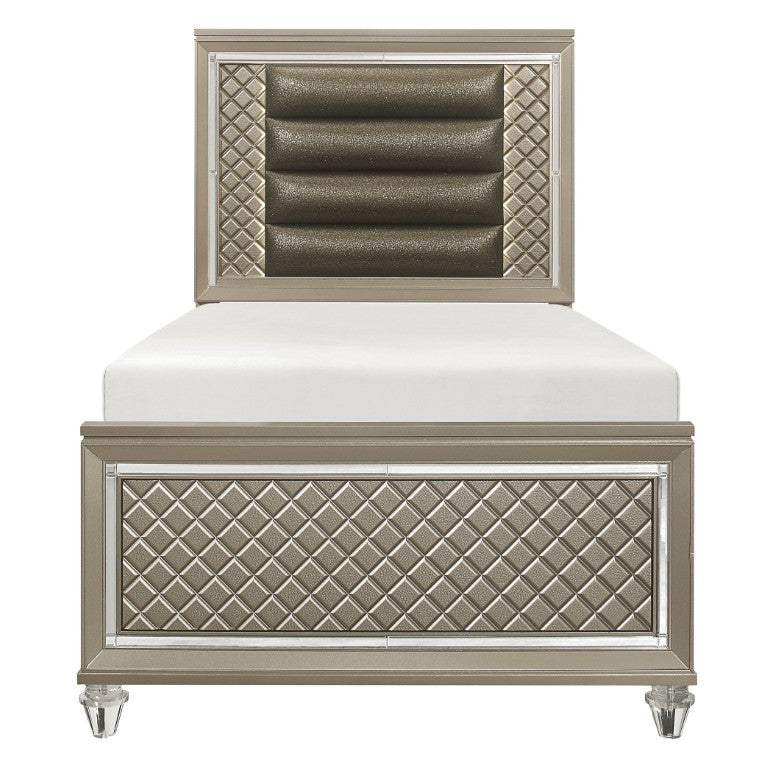 English Elm Twin Glam Bedroom Set with LED Backlit Headboard Champagne Mirrored Diamond Panels B011S07497