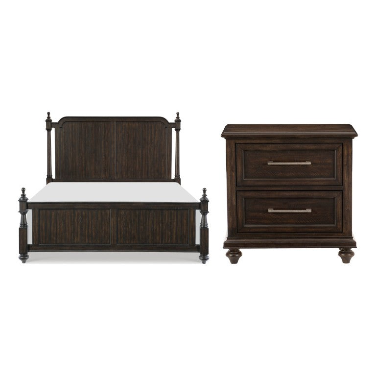 English Elm Queen Bed and Nightstand Set Acacia Veneer Textured Charcoal Finish with Finial Posts B011S07515