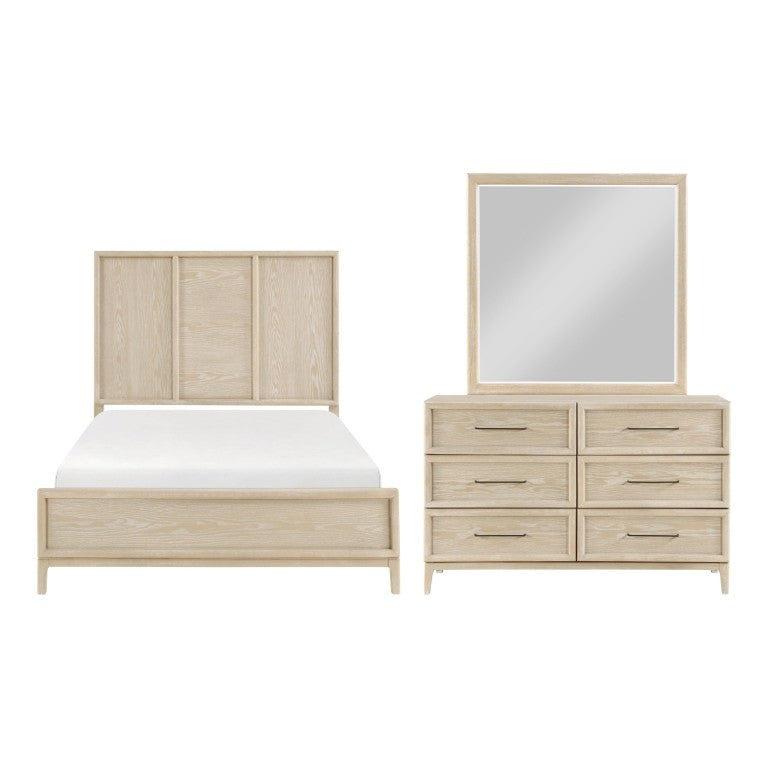 English Elm Queen Panel Bed Dresser Mirror Set Oak Veneer Grain Coastal Farmhouse Bedroom Suite B011S07570