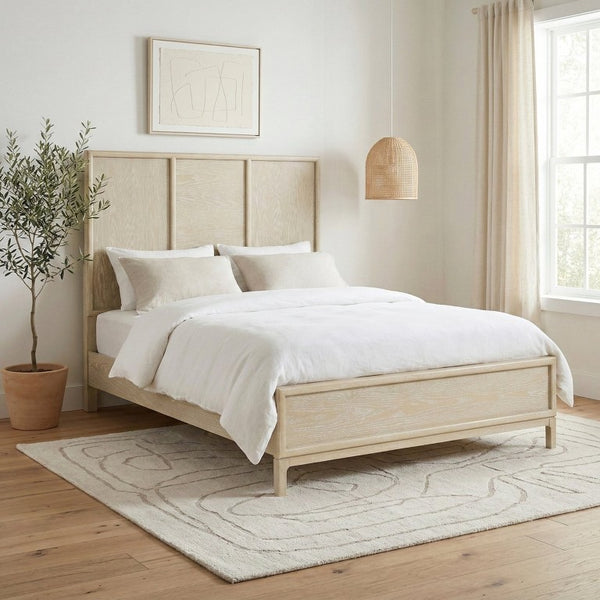 English Elm Queen Panel Bed Dresser Mirror Set Oak Veneer Grain Coastal Farmhouse Bedroom Suite B011S07570
