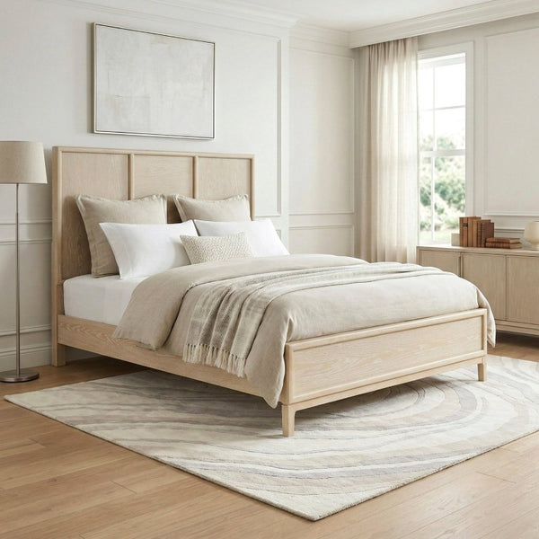 English Elm Queen Panel Bed Dresser Mirror Set Oak Veneer Grain Coastal Farmhouse Bedroom Suite B011S07570