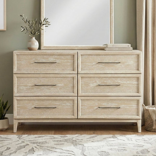 English Elm Queen Panel Bed Dresser Mirror Set Oak Veneer Grain Coastal Farmhouse Bedroom Suite B011S07570