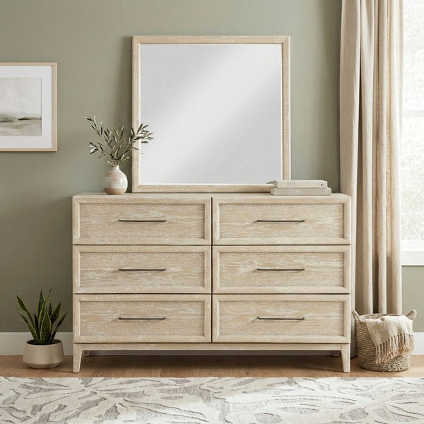 English Elm Queen Panel Bed Dresser Mirror Set Oak Veneer Grain Coastal Farmhouse Bedroom Suite B011S07570