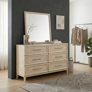 English Elm Queen Panel Bed Dresser Mirror Set Oak Veneer Grain Coastal Farmhouse Bedroom Suite B011S07570