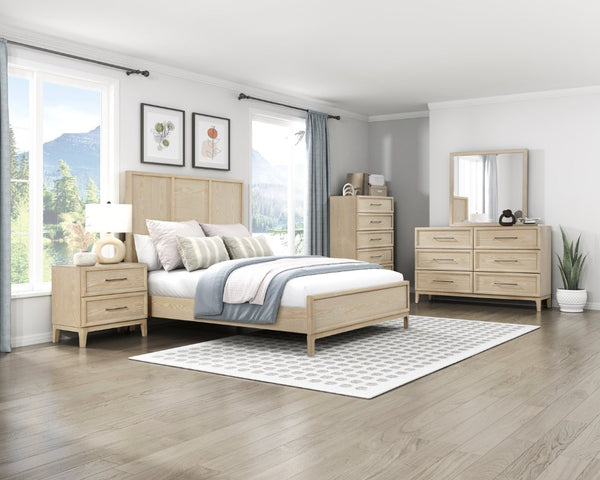 English Elm Queen Panel Bed Dresser Mirror Set Oak Veneer Grain Coastal Farmhouse Bedroom Suite B011S07570