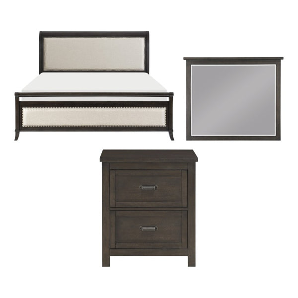 English Elm California King Sleigh Bed Set with Mirror and Nightstand in Dark Cherry Wood B011S07592