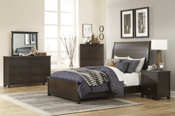 English Elm California King Sleigh Bedroom Set Birch Veneer Upholstered Nailhead Trim Dark Cherry B011S07593