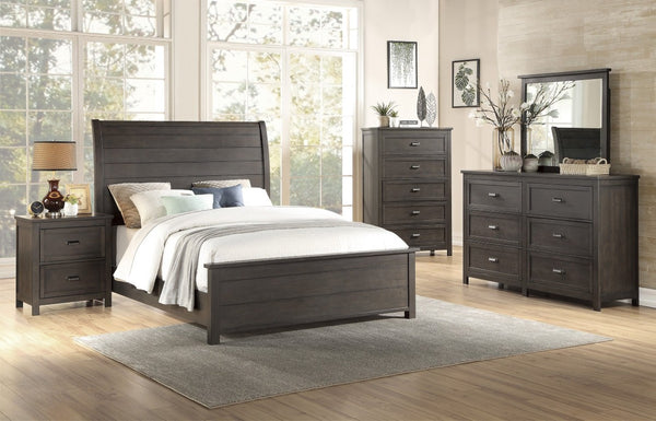 English Elm California King Sleigh Bedroom Set Birch Veneer Upholstered Nailhead Trim Dark Cherry B011S07593