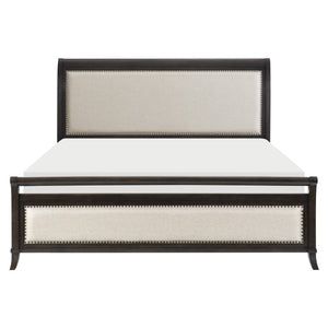 English Elm California King Sleigh Bedroom Set Birch Veneer Upholstered Nailhead Trim Dark Cherry B011S07593