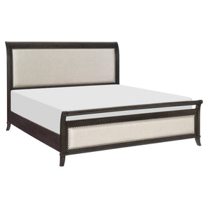 English Elm California King Sleigh Bedroom Set Birch Veneer Upholstered Nailhead Trim Dark Cherry B011S07593