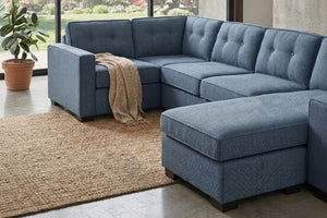 English Elm 3-Piece Modular Sectional Sofa U-Shaped Living Room Set with Chaise and Corner Wedge Blue Suede B011S07610