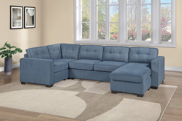 English Elm 3-Piece Modular Sectional Sofa U-Shaped Living Room Set with Chaise and Corner Wedge Blue Suede B011S07610