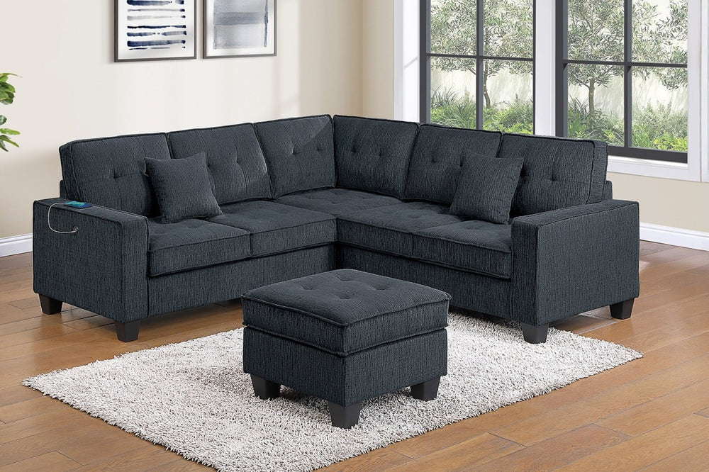 English Elm 4-Piece Chenille Sectional with Ottoman and USB Port for Modern Living Rooms Slate Black 89 L x 89 W x 36 H B011S07613