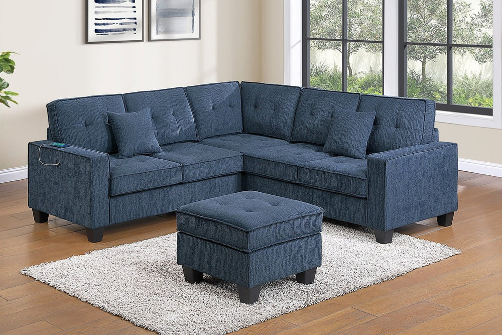 English Elm 4-Piece Modular Sectional Set with Ottoman USB Console Waffle Suede Living Room Dark Blue Chenille,Foam+Spring,Plastic,Plywood B011S07614