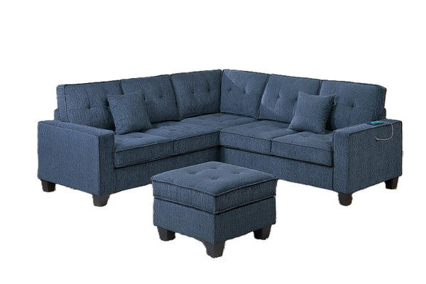 English Elm 4-Piece Modular Sectional Set with Ottoman USB Console Waffle Suede Living Room Dark Blue Chenille,Foam+Spring,Plastic,Plywood B011S07614
