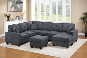 English Elm 4-Piece Modular Sectional Set with Ottoman USB Console Waffle Suede Living Room Dark Gray Chenille,Foam+Spring,Plastic,Plywood B011S07615
