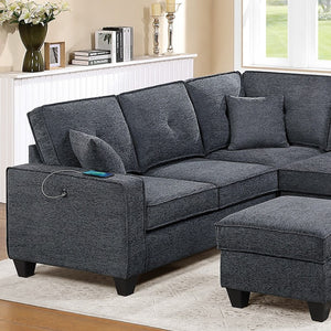 English Elm 4-Piece Modular Sectional Set with Ottoman USB Console Waffle Suede Living Room Dark Gray Chenille,Foam+Spring,Plastic,Plywood B011S07615