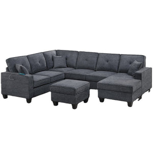 English Elm 4-Piece Modular Sectional Set with Ottoman USB Console Waffle Suede Living Room Dark Gray Chenille,Foam+Spring,Plastic,Plywood B011S07615
