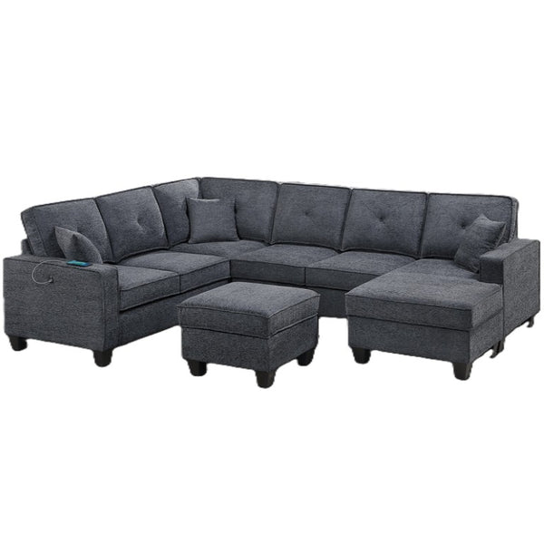 English Elm 4-Piece Modular Sectional Set with Ottoman USB Console Waffle Suede Living Room Dark Gray Chenille,Foam+Spring,Plastic,Plywood B011S07615