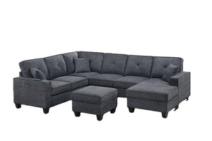 English Elm 4-Piece Modular Sectional Set with Ottoman USB Console Waffle Suede Living Room Dark Gray Chenille,Foam+Spring,Plastic,Plywood B011S07615