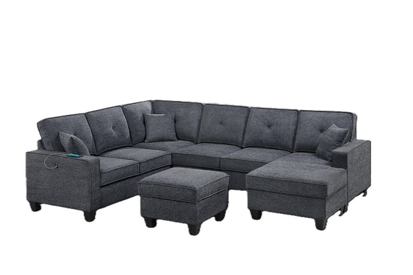 English Elm 4-Piece Modular Sectional Set with Ottoman USB Console Waffle Suede Living Room Dark Gray Chenille,Foam+Spring,Plastic,Plywood B011S07615