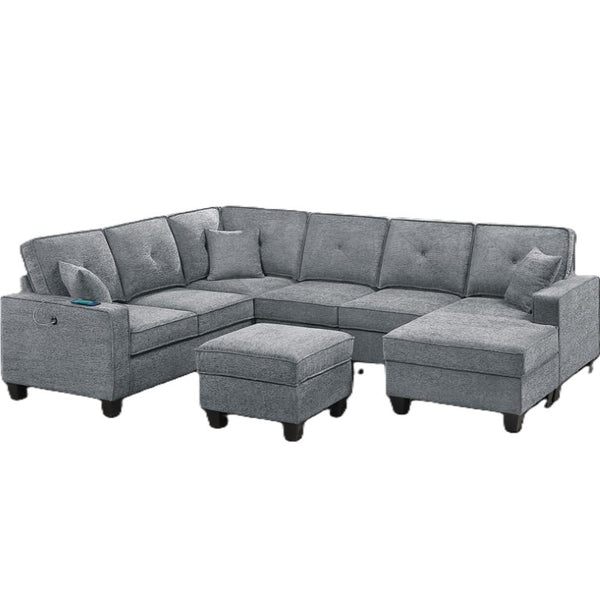 English Elm Black Corduroy Reclining Sectional with Cup Holders for Spacious Living Rooms Light Gray Chenille, Foam+Spring, Plastic, Plywood B011S07616