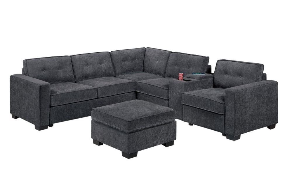 English Elm 4-Piece Waffle Suede Sectional Set with Ottoman USB Charging Tufted Living Room Sofa B011S07618
