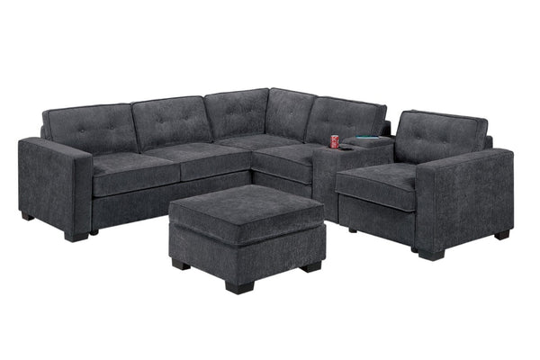 English Elm 4-Piece Waffle Suede Sectional Set with Ottoman USB Charging Tufted Living Room Sofa B011S07618