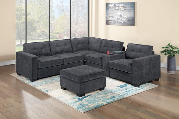 English Elm 4-Piece Waffle Suede Sectional Set with Ottoman USB Charging Tufted Living Room Sofa B011S07618