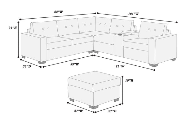 English Elm 4-Piece Waffle Suede Sectional Set with Ottoman USB Charging Tufted Living Room Sofa B011S07618