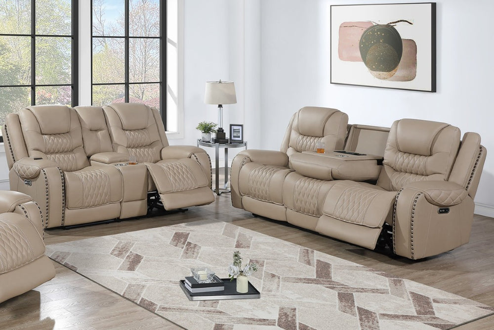 English Elm 2Pc Power Reclining Sofa Set Top Grain Leather Match Quilted Nailhead Living Room B011S07621