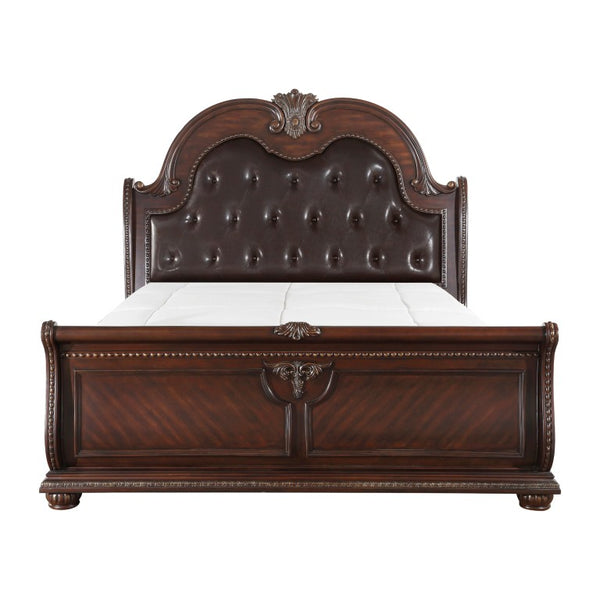 English Elm Luxury Queen Sleigh Bed Birch Veneer Cherry Finish Tufted Headboard Carved Detail B011S07625