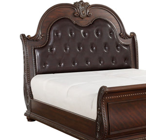 English Elm Luxury Queen Sleigh Bed Birch Veneer Cherry Finish Tufted Headboard Carved Detail B011S07625