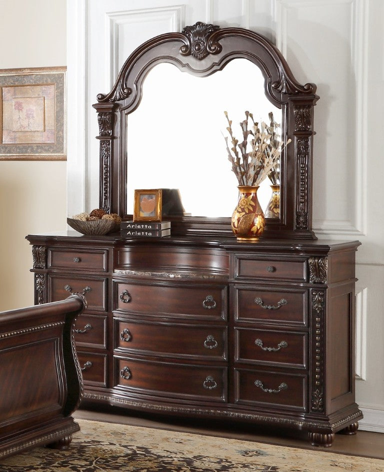 English Elm Formal Luxury Dresser with Mirror Marble Top Birch Veneer Cherry Gold Traditional Bedroom B011S07628