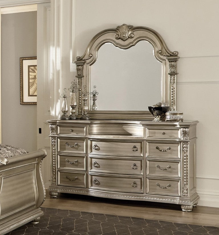 English Elm Formal Silver Birch Dresser with Marble Inset Top Hand Carved Old World Bedroom Set B011S07629