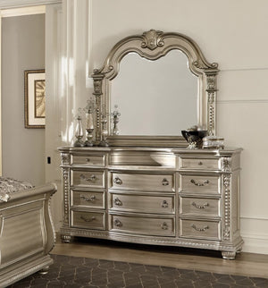 English Elm Formal Silver Birch Dresser with Marble Inset Top Hand Carved Old World Bedroom Set B011S07629